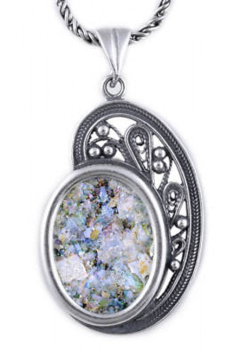 Filigree Woman Pendant, 925 Sterling Silver pendant, Ancient Roman Glass Pendant, Roman Glass Jewelry image 0