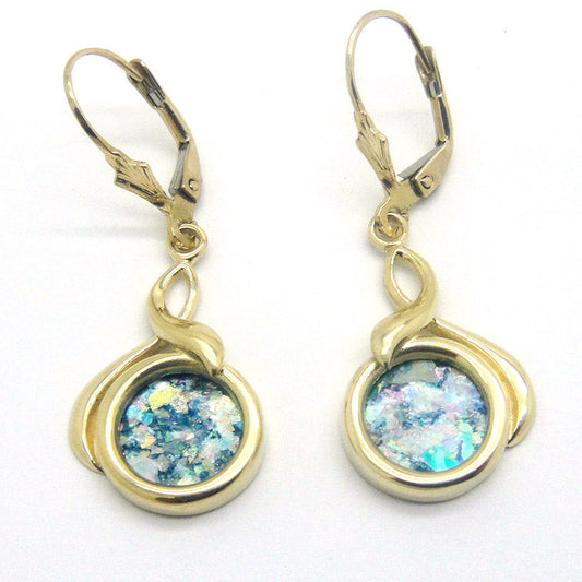 14K Yellow Gold Earrings, Ancient Roman Glass Earrings, Dangle Round Earrings, Unique Jewelry image 0
