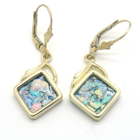 Roman Glass Earrings, Dangle 14K Yellow Gold Earrings, Ancient Roman Glass Jewelry image 0