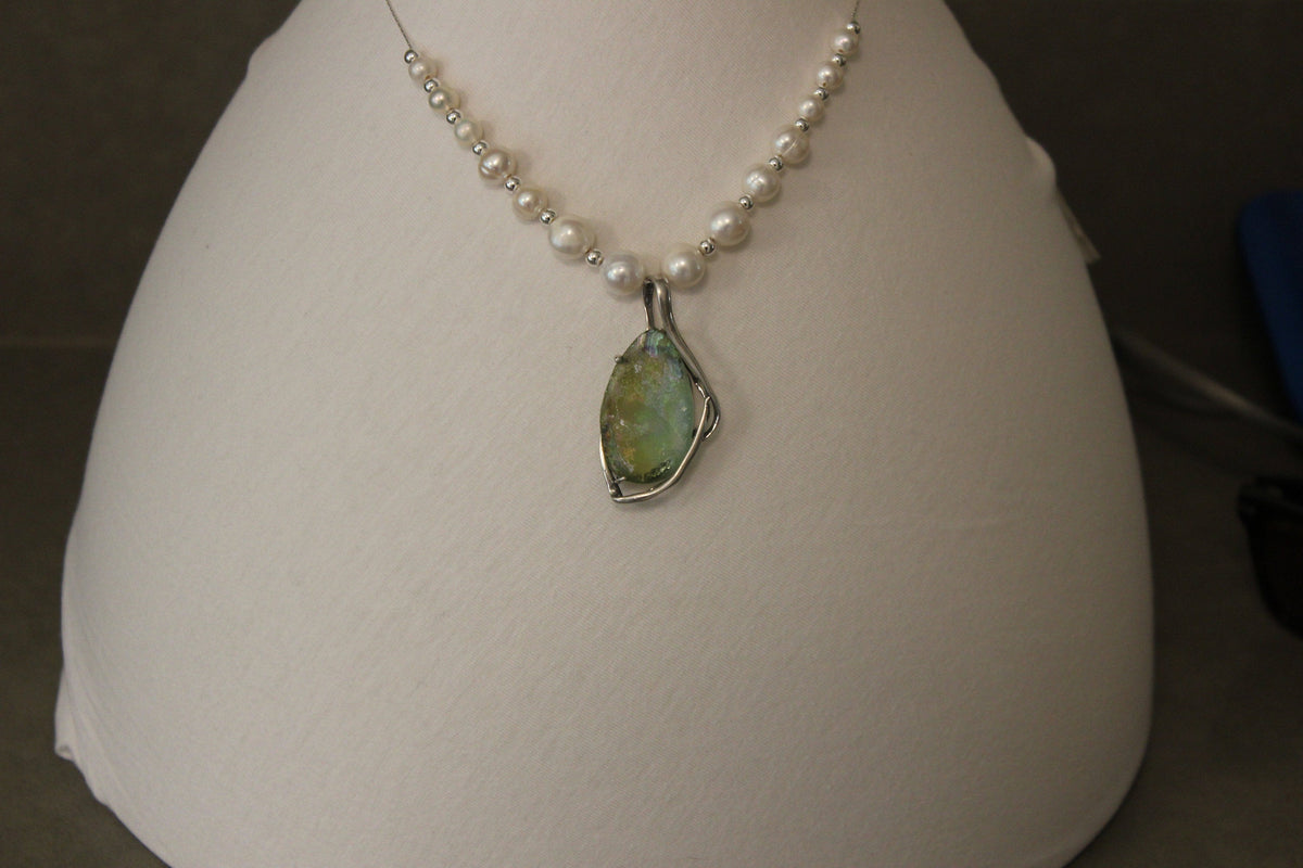 Necklace - 925 Sterling Silver Ancient Roman glass with pearls Original Gift image 2