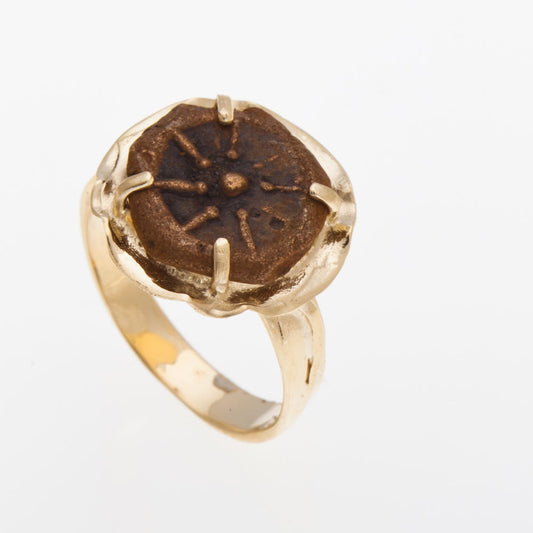 Coin Ring, 14K Yellow Gold Ring, Antique Rare Bronze Widows Mite Coin, Unique Jewelry image 0