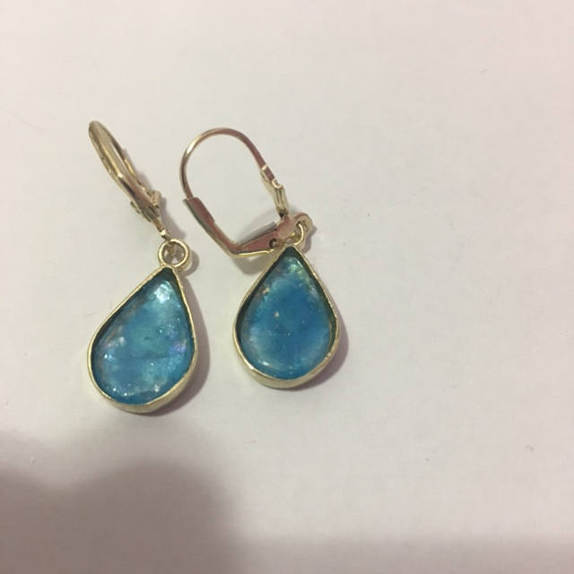 Ancient Roman Glass Earrings, 14K Yellow Gold Earrings, Woman Dangle Rhombus Earrings, Unique Jewelry image 2