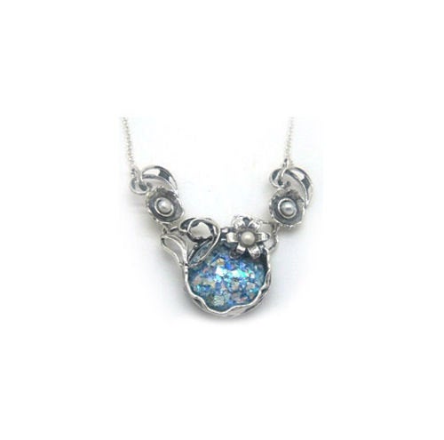 Beautiful Flower Necklace, Pearl Choker, 925 Sterling Silver Necklace, Ancient Roman Glass Necklace, Unique Jewelry image 0