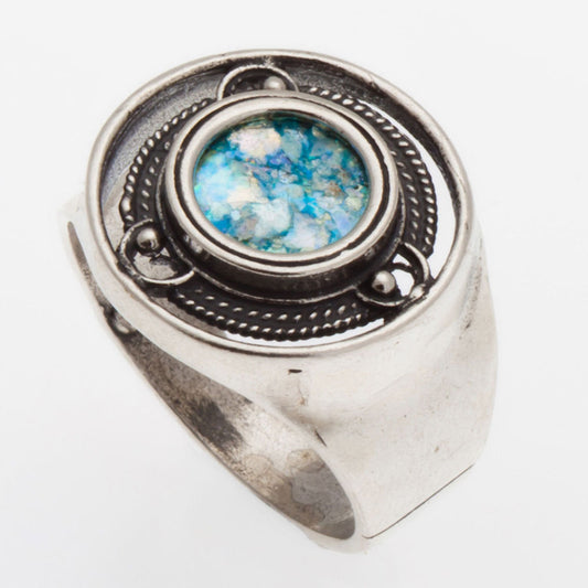 925 Sterling Silver, Ancient Roman Glass Ring, Unique Design image 0