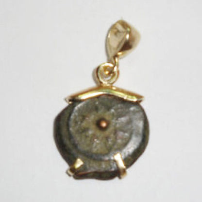 14k Yellow Gold Pendant, Authentic ,Antique Bronze Widows Mite Coin Pendant, Ancient Coin Jewelry, Israel image 3