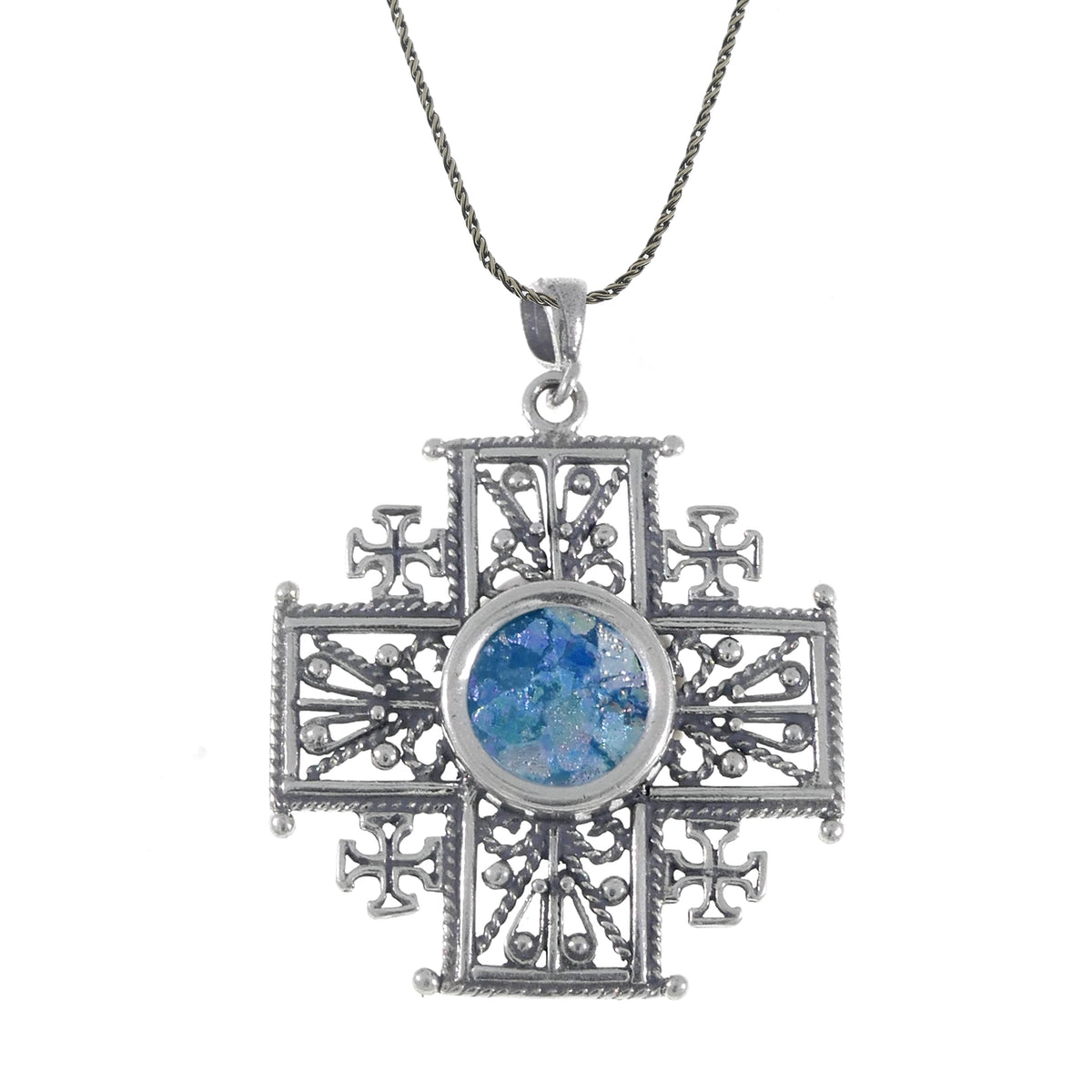 Unusual 925 Sterling Silver Pendant, Ancient Roman Glass Pendant, Jerusalem Cross, Roman Glass Jewelry, OOAK image 0