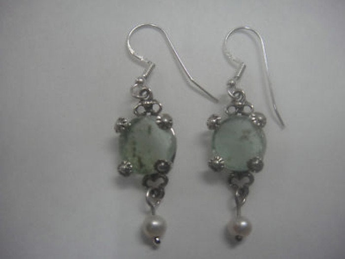 Dangle Earrings, 925 Sterling Silver Earrings, Ancient Roman Glass Earrings, Pearl Earrings, Woman Earrings, Unique Jewelry image 0