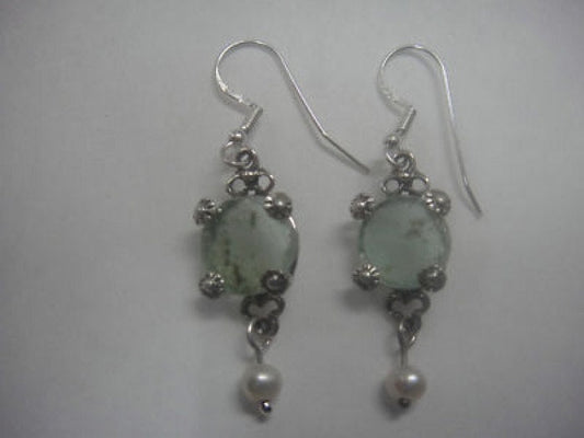 Dangle Earrings, 925 Sterling Silver Earrings, Ancient Roman Glass Earrings, Pearl Earrings, Woman Earrings, Unique Jewelry image 0