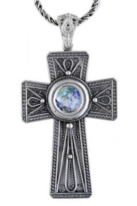 Unusual 925 Sterling Silver Pendant, Ancient Roman Glass Pendant, Cross Pendant, Unique Jewelry image 0