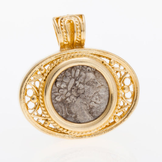 Yellow 14K Gold Roman Denar Coin Pendant, Beautiful Antique Design, Unique image 0