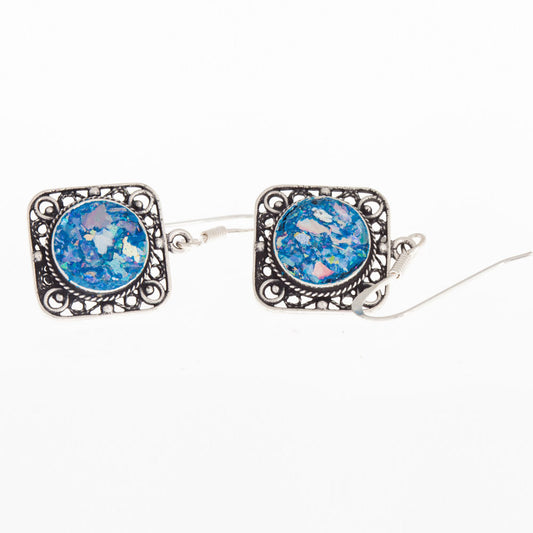 Lace-Dangle 925 Sterling Silver Ancient Roman Glass Earrings Unique Design image 0