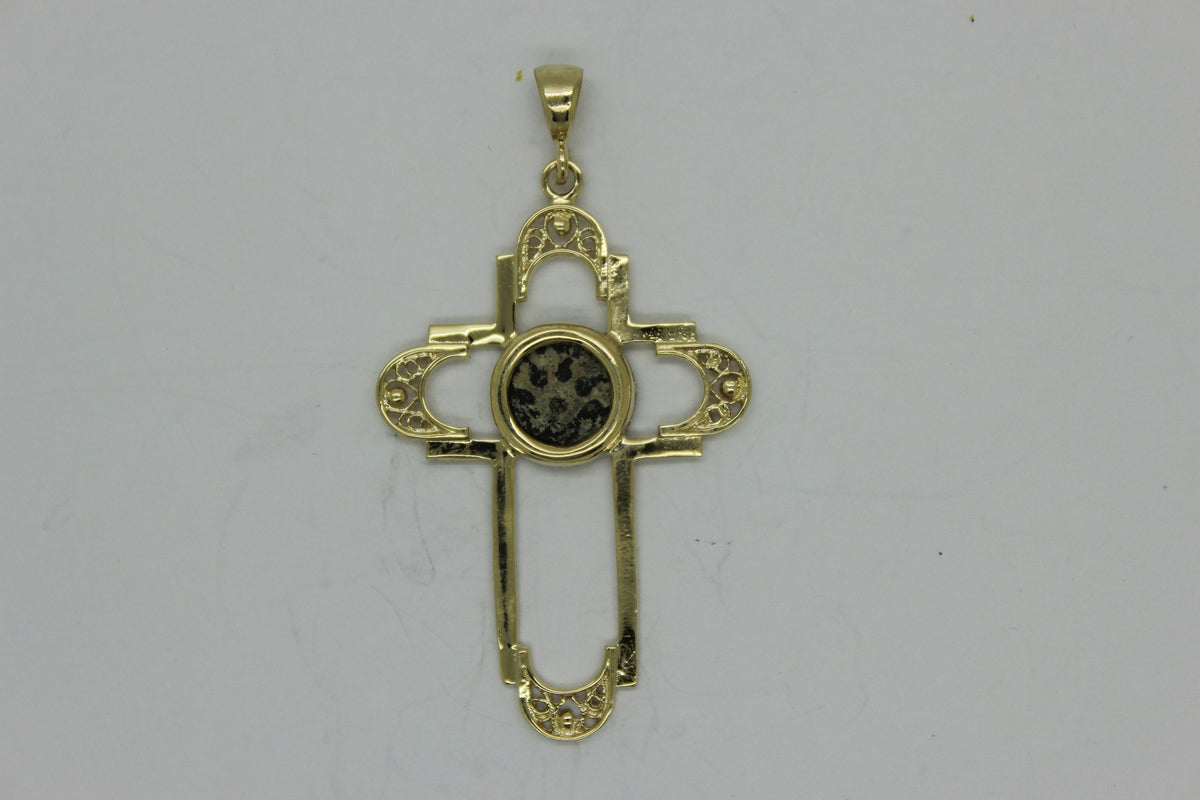 Cross 14K Yellow Gold and Antique Rare Bronze Widow's Mite Coins image 0