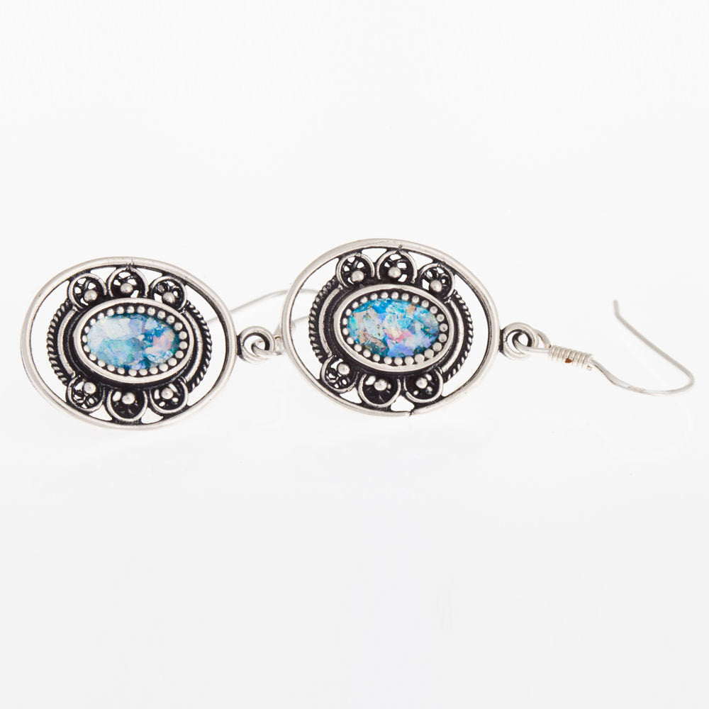 Dangle 925 Sterling Silver Ancient Roman Glass Earrings Unique Openwork image 0