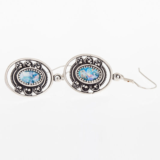 Dangle 925 Sterling Silver Ancient Roman Glass Earrings Unique Openwork image 0