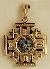 Unique 14K Yellow Gold Jerusalem Cross , Ancient Roman Glass Pendant, image 0