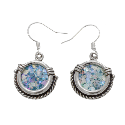 Ancient Roman Glass 925 Sterling Silver Dangle Earrings Unique Design, Classic image 0