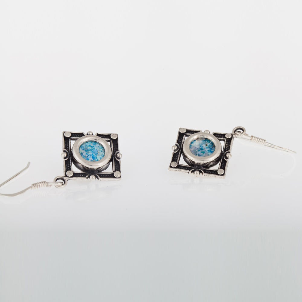 Rhombus-Dangle 925 Sterling Silver Ancient Roman Glass Earrings Unique Design image 0