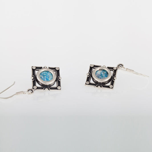 Rhombus-Dangle 925 Sterling Silver Ancient Roman Glass Earrings Unique Design image 0