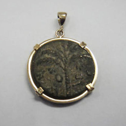 Antique Coin Pendant, 14k Yellow Gold Pendant, Authentic Bar Kochba Bronze Coin, Ancient Coin Jewelry image 0