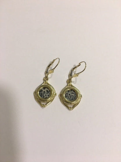 Antique Coin Earrings, 14K Yellow Gold Earrings, Bronze Widow's Mite Coin image 1