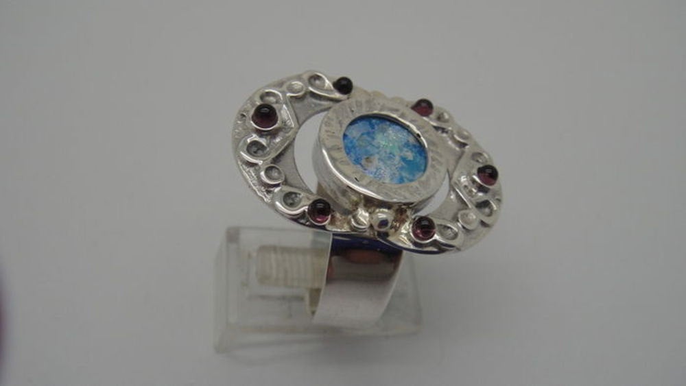 925 Sterling Silver Ancient Roman Glass Garnet Ring Unique Jewelry image 0