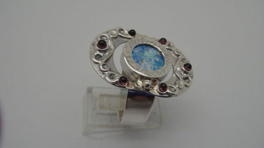 925 Sterling Silver Ancient Roman Glass Garnet Ring Unique Jewelry image 0