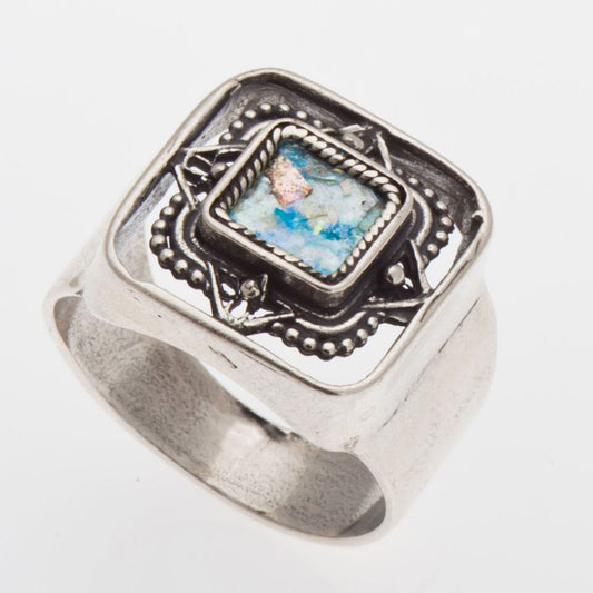 Beautiful 925 Sterling Silver Ancient Roman Glass Ring, image 0