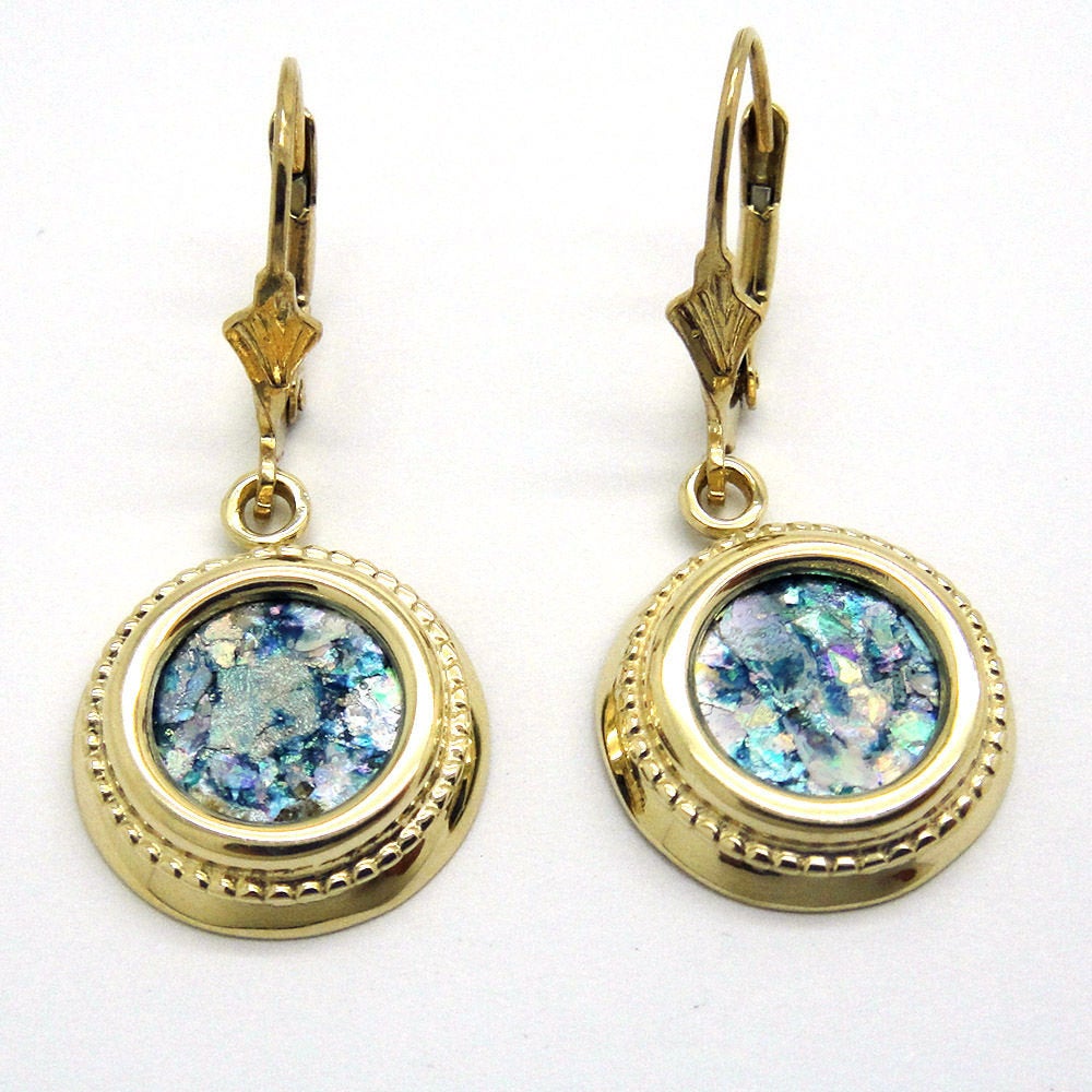 14K Yellow Gold Earrings, Ancient Roman Glass Earrings, Dangle Round Earrings, Woman Unique Jewelry image 0