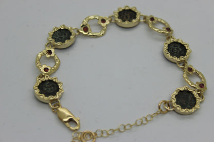 Bracelet 14K Yellow Gold and Antique Rare Bronze Widow's Mite Coins image 1