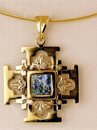 Unique 14K Yellow Gold Jerusalem Cross Filigree , Ancient Roman Glass Pendant, image 0