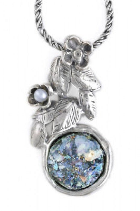 Gentle Flower Pendant, Ancient Roman Glass Necklace, Pearl Pendant, 925 Sterling Silver Necklace, Unique Jewelry image 0