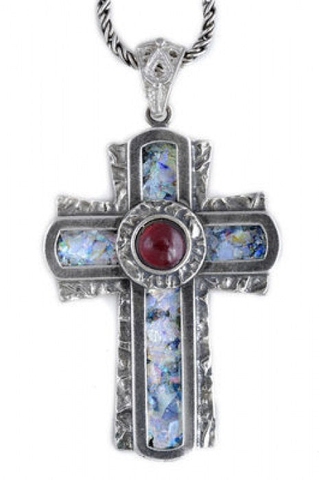 Cross Pendant, Ancient Roman Glass Pendant, Garnet Pendant, 925 Sterling Silver Pendant, 925 Sterling Silver Cross, Unique Jewelry image 0