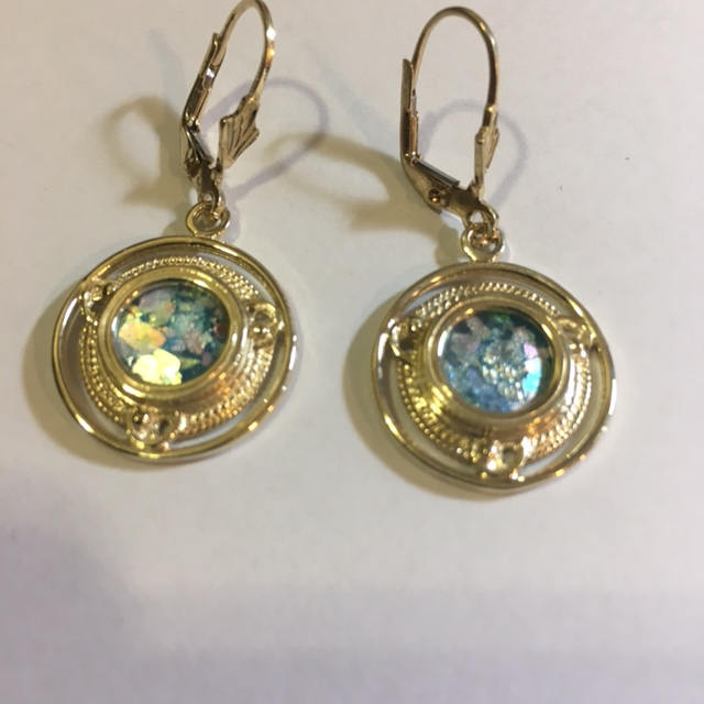 14K Yellow Gold Earrings, Ancient Roman Glass Earrings, Woman Dangle Round Earrings, Unique Jewelry image 1