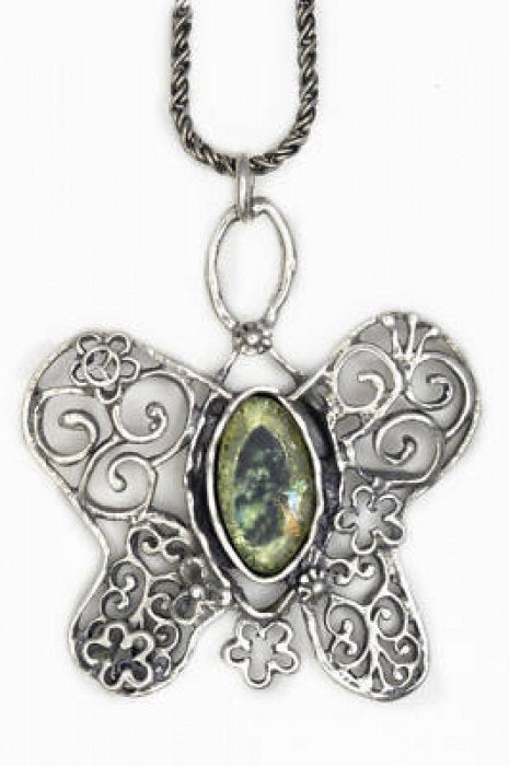 One Of A Kind Ladies 925 Sterling Silver Pendant, Ancient Roman Glass Pendant Butterfly Jewelry, Unique Jewelry image 0