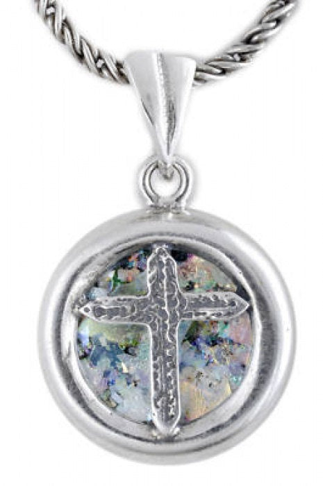 Special Round 925 Sterling Silver Pendant, Ancient Roman Glass Pendant, Cross Pendant, OOAK, Roman Glass Jewelry image 0