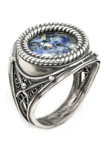 925 Sterling Silver Ring, Roman Glass Ring, Unique Jewelry image 1