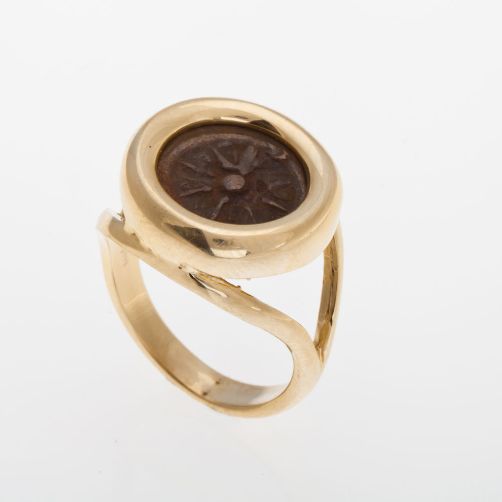 Ring 14K Yellow Gold Antique Rare Bronze Widows Mite Coin Ring Unique image 0