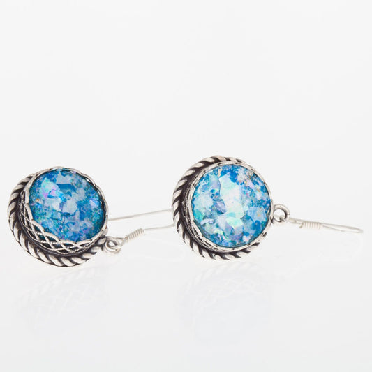 Dangle 925 Sterling Silver, Ancient Roman Glass Women Earrings Unique Design image 0