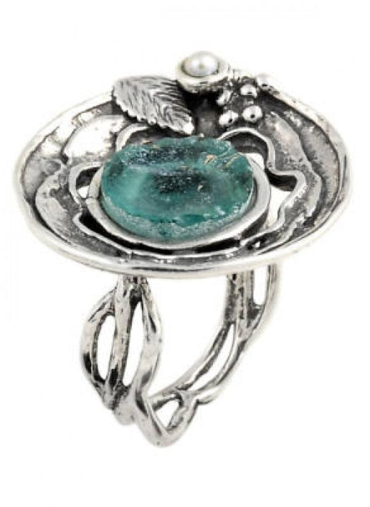 Ladies Flower Ring, 925 Sterling Silver Ring, Ancient Roman Glass Ring, Pearl Ring, Roman Glass Jewelry image 0