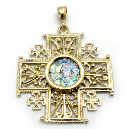 Unique 14K Yellow Gold Jerusalem Cross Filigree , Ancient Roman Glass Pendant, image 0