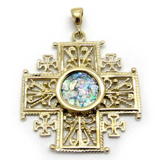 Unique 14K Yellow Gold Jerusalem Cross Filigree , Ancient Roman Glass Pendant, image 0