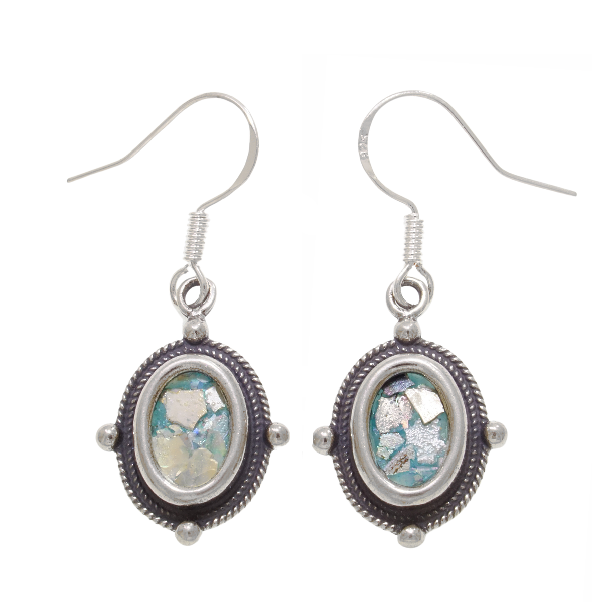 Women 925 Sterling Silver Dangle-Ancient Roman Glass Earrings,Unique Design image 0