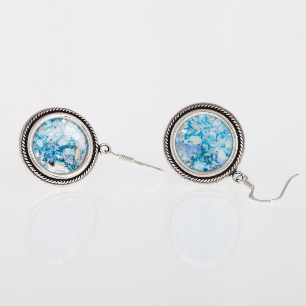 Round Dangle 925 Sterling Silver Ancient Roman Glass Earrings Unique Design image 2