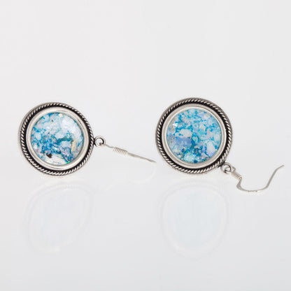 Round Dangle 925 Sterling Silver Ancient Roman Glass Earrings Unique Design image 2