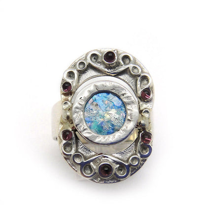 925 Sterling Silver Ancient Roman Glass Garnet Ring Unique Jewelry image 2