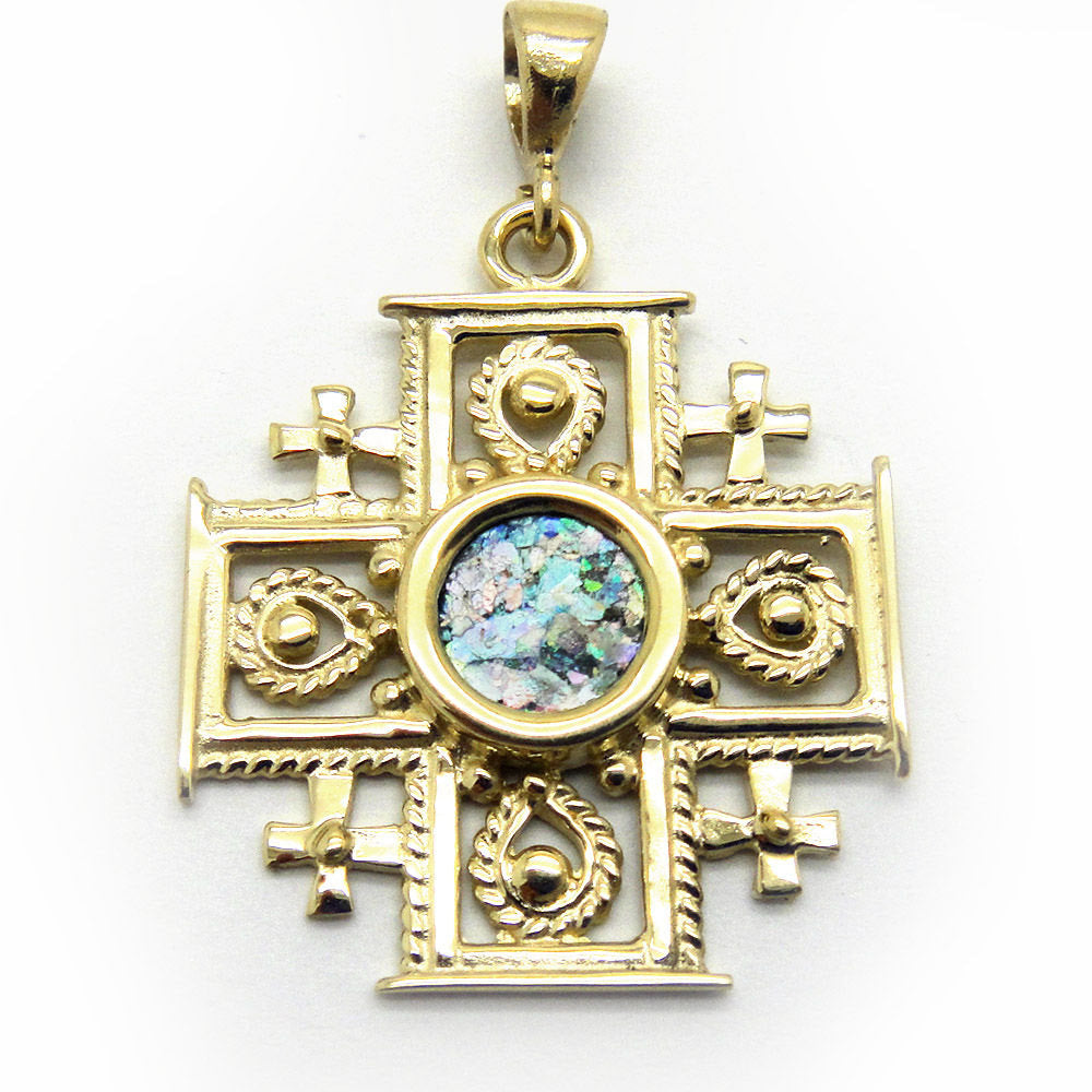 Unique 14K Yellow Gold Cross, Ancient Roman Glass Pendant, Gold Pendant, Roman Glass Jewelry image 0