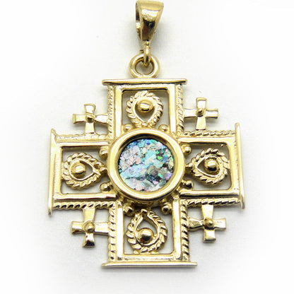 Unique 14K Yellow Gold Cross, Ancient Roman Glass Pendant, Gold Pendant, Roman Glass Jewelry image 0
