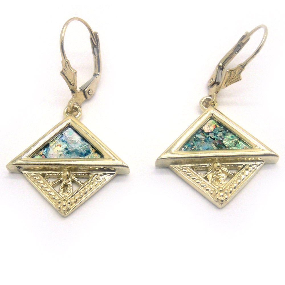 14K Yellow Gold Earrings, Ancient Roman Glass Earrings, Woman Dangle Rhombus Earrings, Unique Jewelry image 0