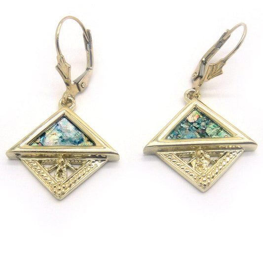 14K Yellow Gold Earrings, Ancient Roman Glass Earrings, Woman Dangle Rhombus Earrings, Unique Jewelry image 0