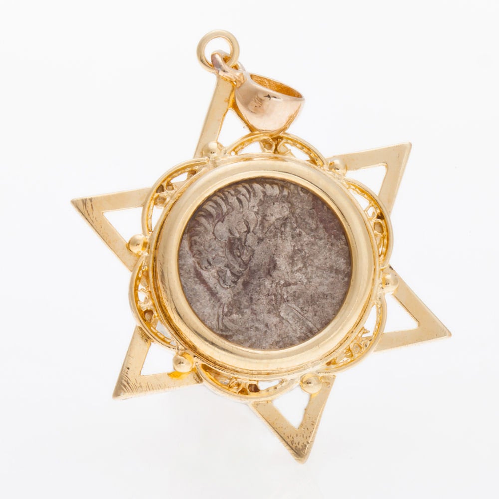 Yellow 14K Gold Roman Denar Coin Pendant, Magen David, Antique Design image 0